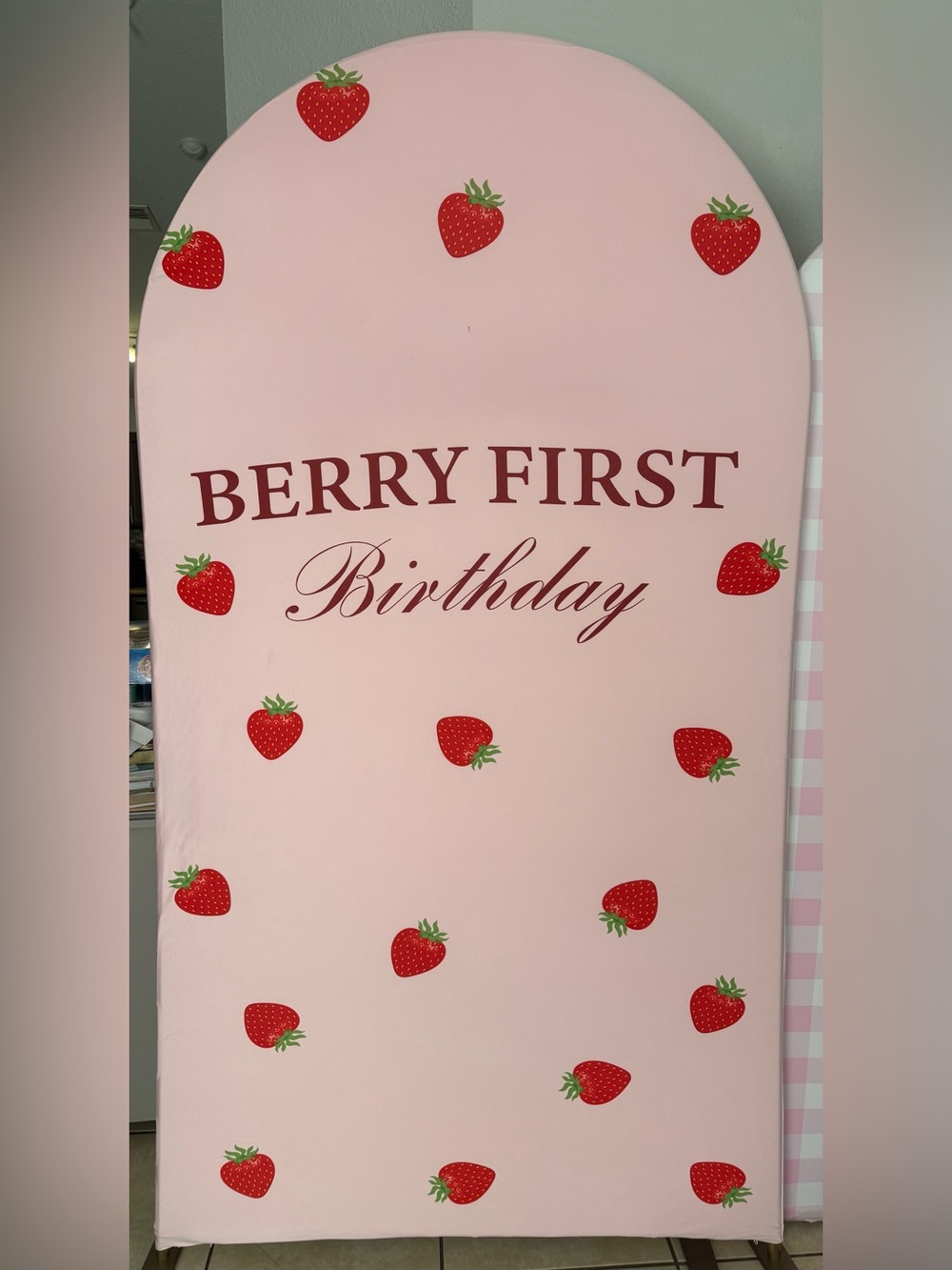 "Berry First Birthday" Pink Strawberry Arch Backdrop Cover